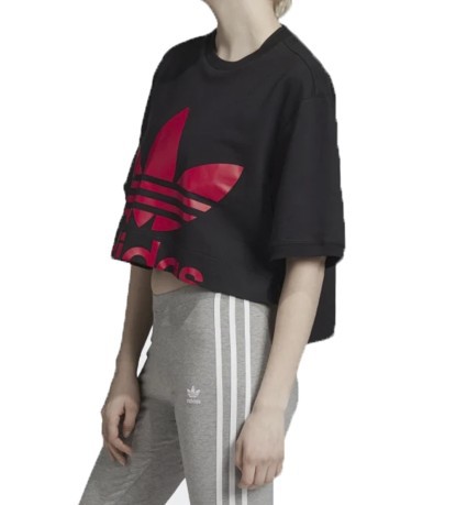T-Shirt Donna Cropped Frontale Nero-Rosa