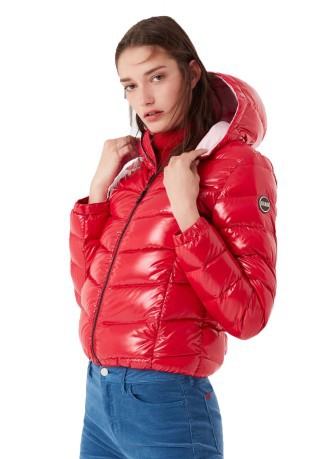 Abajo chaqueta de las Mujeres Bombardero Super Brillante Capucha roja