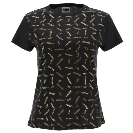 T-shirt Donna Stampa Allover oro fantasia-nero davanti