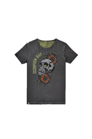 T-Shirt Ragazzo Doubleface con Teschio e Fiori fronte verde-fantasia