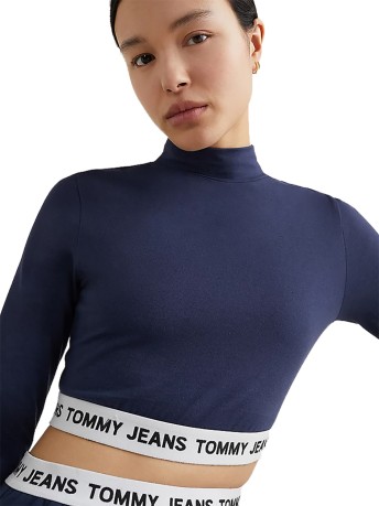 T-Shirt Donna Crop Manica Lunga Collo Alto fronte blu 