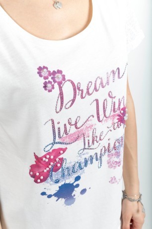 T-shirt Damen-Ärmel-Spitze-weiß-fantasie
