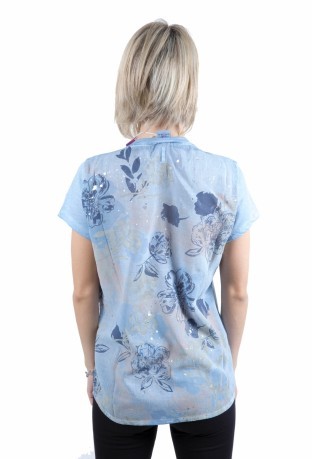 Ladies T-Shirt en Viscose Réseau d'Impression bleu fantaisie