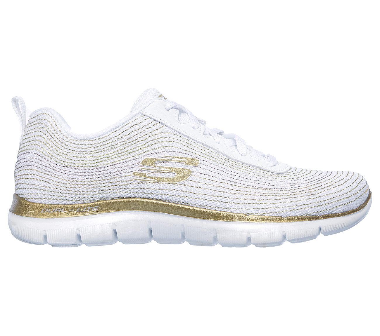 skechers white and gold flex appeal